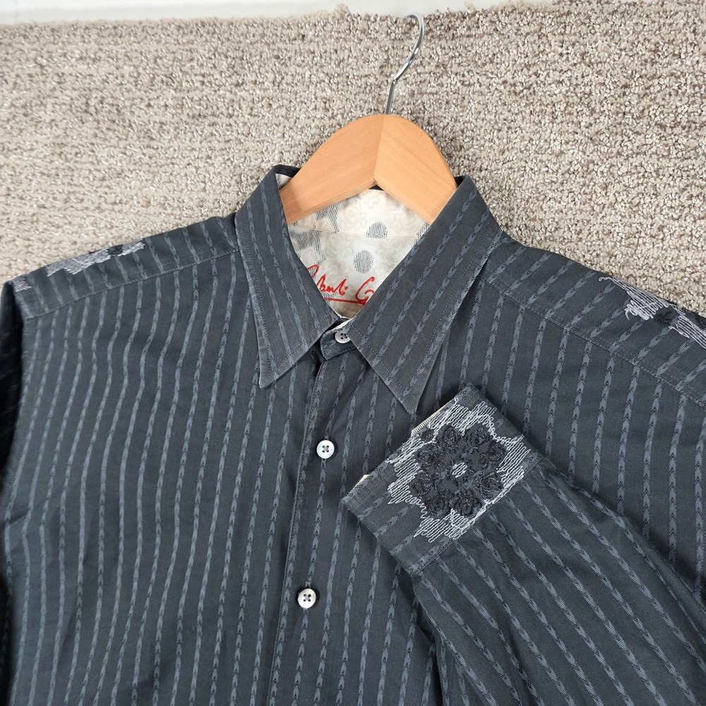 Robert Graham Mens Large Black Striped Embroidered Floral Back Button Down Shirt